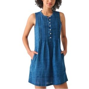 Faherty Isha Linen Denim Blue Shift Pocket Mini Dress SZ M